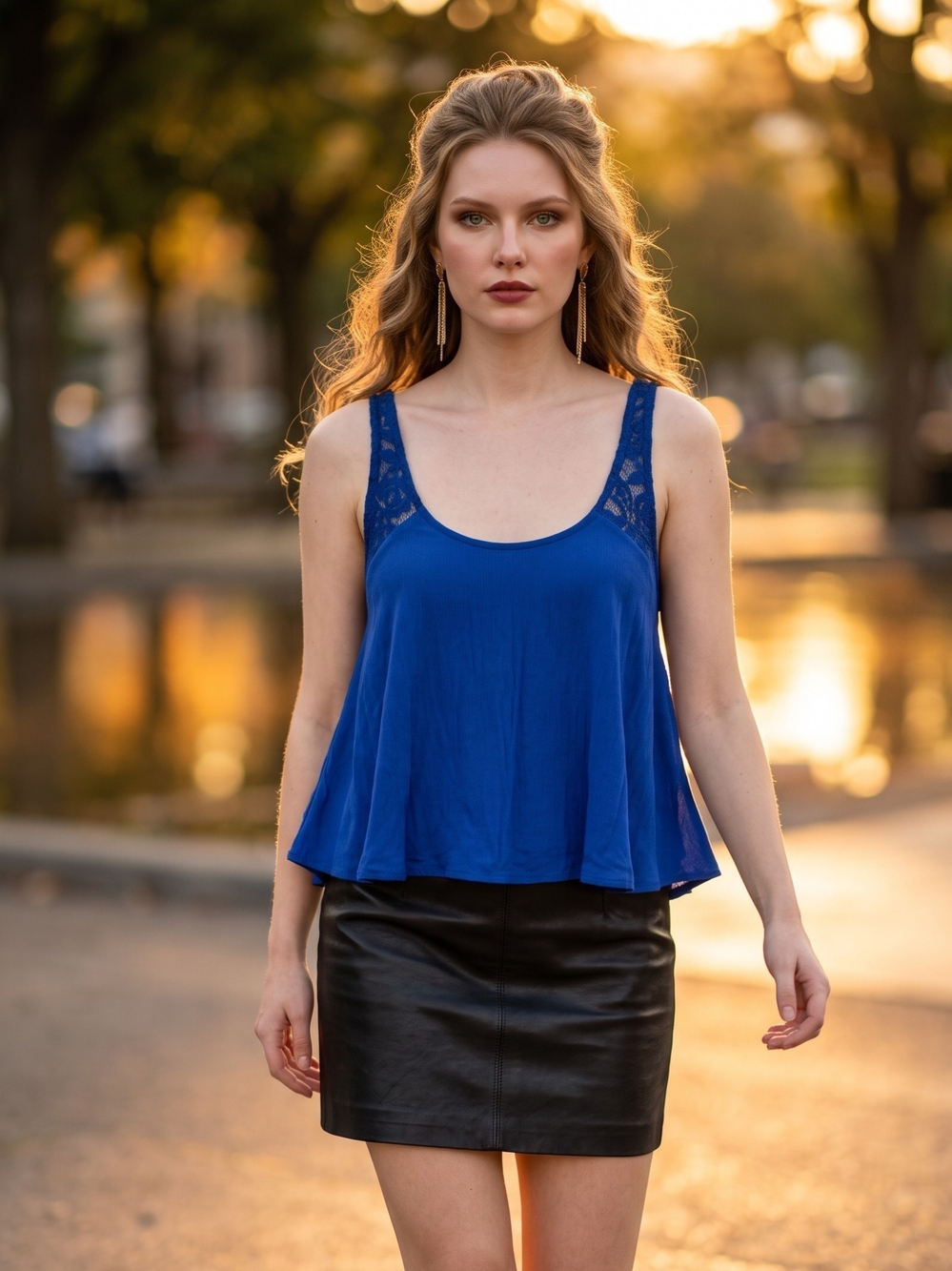 Royal Blue Lace-Trim Scoop Neck Women's Tank Top